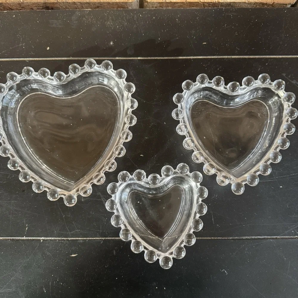 Vintage Candlewick Style Heart Glass Trinket Dish‎ Set – 3 Sizes – Clear Glass